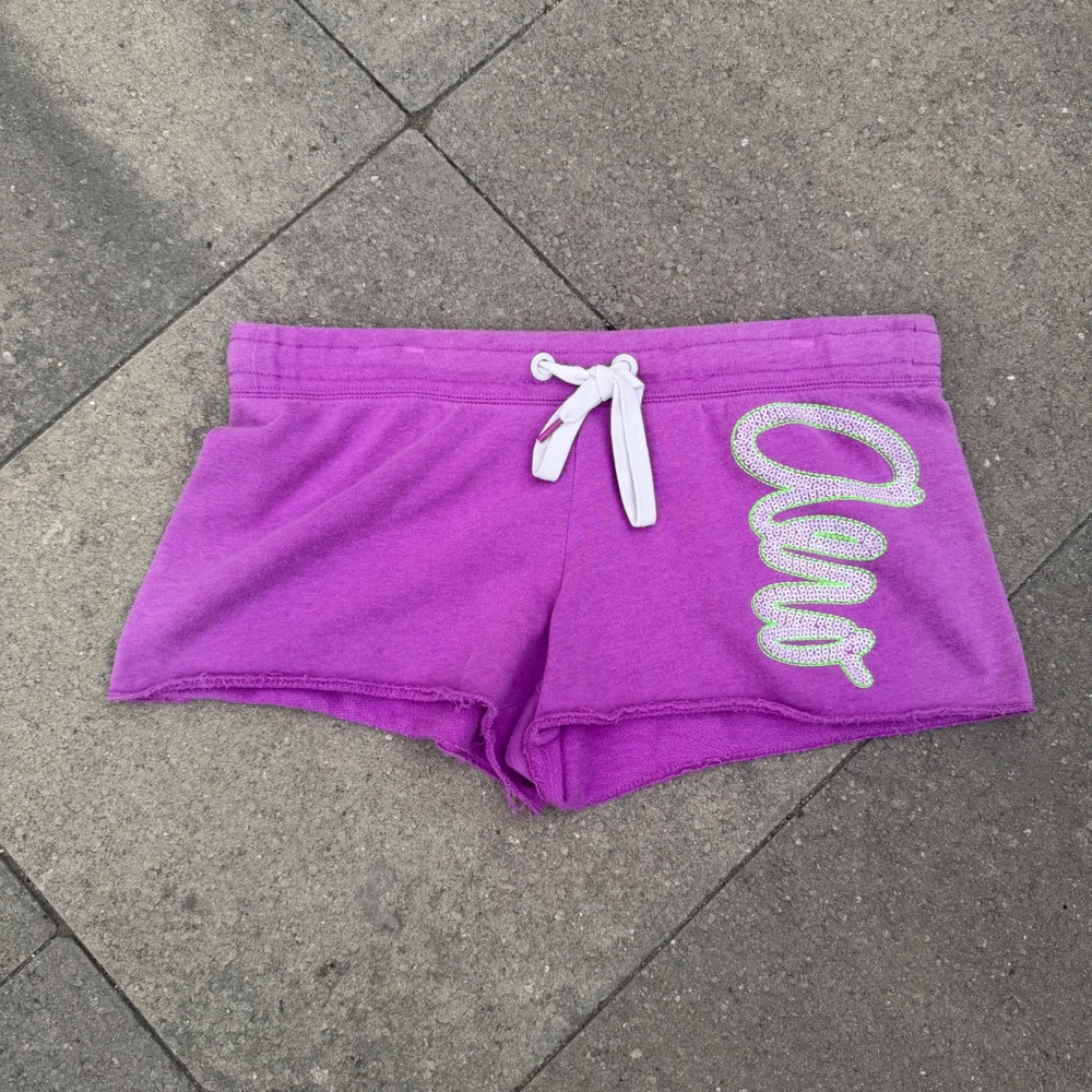 Aeropostale Womens Purple Sequined Logo Sweat Shorts Size M Drawstring Raw Hem